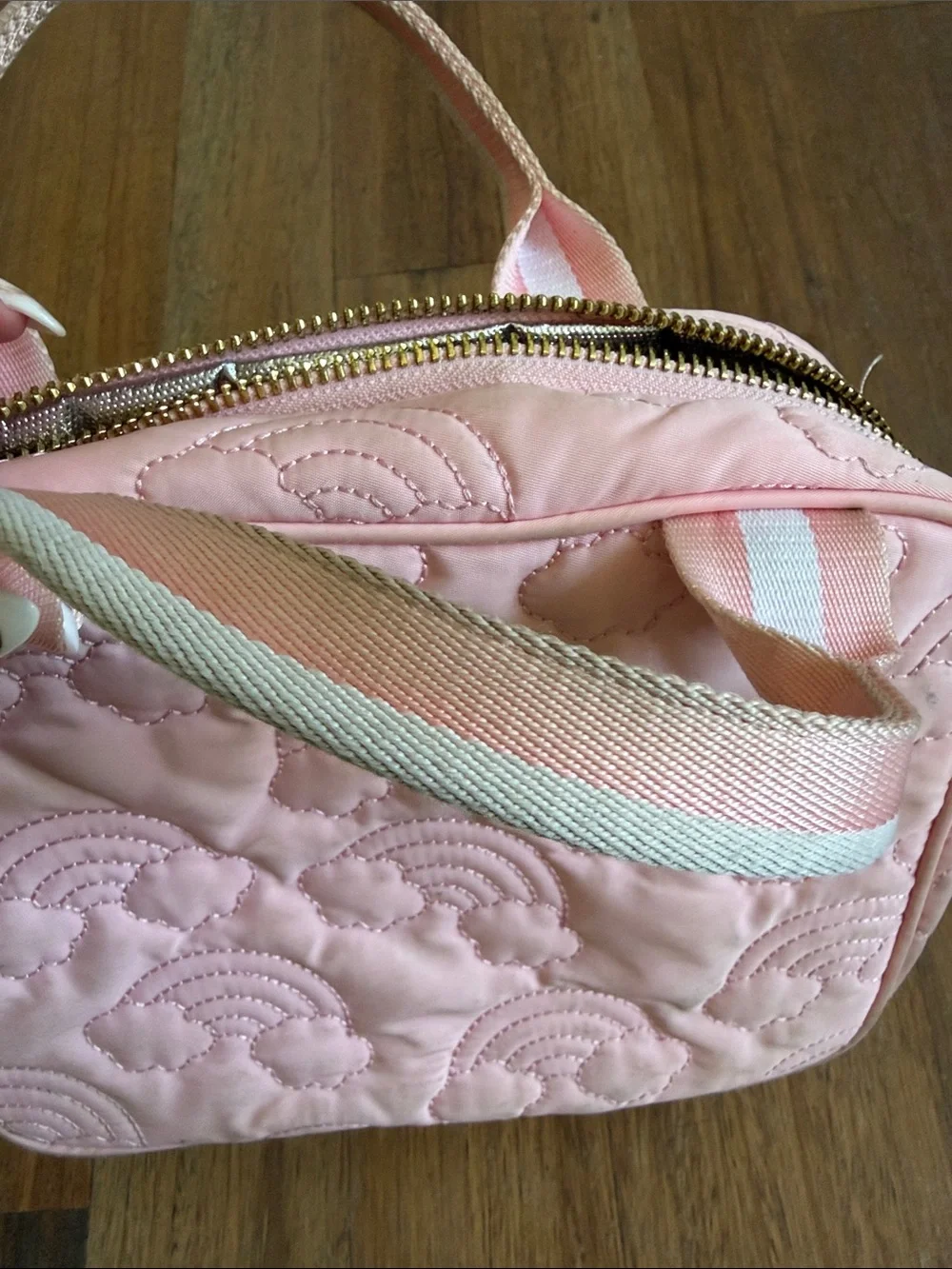 Stoney Clover Lane Pink Quilted Lunch Bag with Pastel Rainbow & Bunny